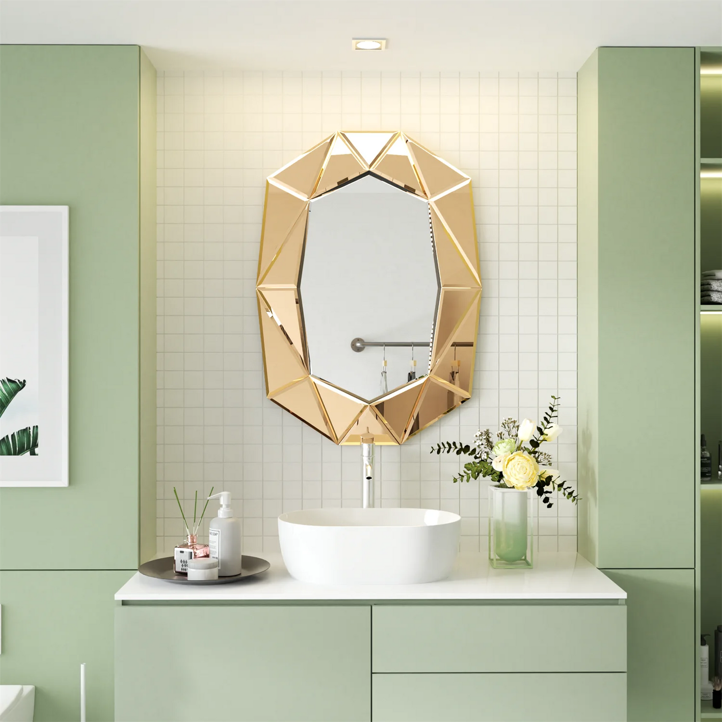 Asymmetrical Decorative Wall Mirror for Living Room and Bedroom, Glass Inlayed Accent Vanetian Mirror, 100cm