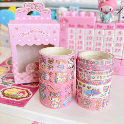 10Roll/Box Sanrio Kuromi Cinnamoroll Meloyd Tape Sticker Cute Cartoon Hello Kitty Handbook DIY Hot Stamping Stickers Kids Toys
