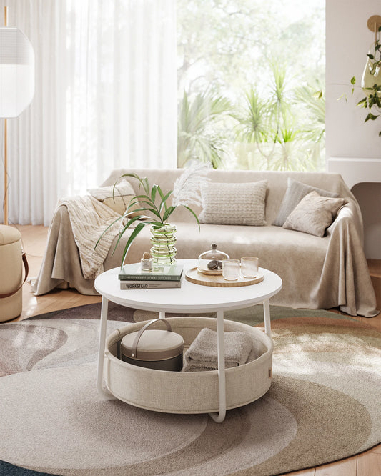 VASAGLE Coffee Table with Storage, Round Center Table for Living Room with Fabric Basket, Modern Style