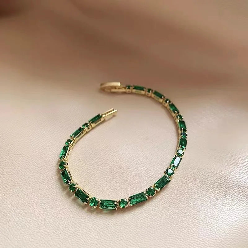 French Luxury Green Zircon Spliced Metal Copper Alloy Bracelet 2024 New Fashion Jewelry For Womens Party Charm Wrist Accessories