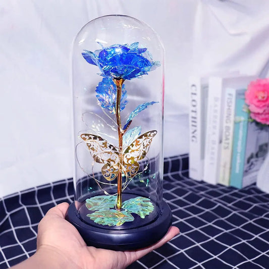 Pretty LED Light Up Flowers In Glass Dome, Rose With Fluttering Butterflies Gift