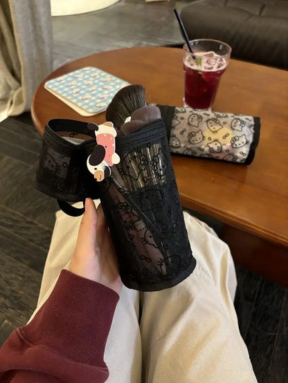 Sanrio Mesh Hello Kitty Black and White Pencil Case Zero Wallet Headphone Bag Girl's Portable Makeup Brush Storage Bag Gift