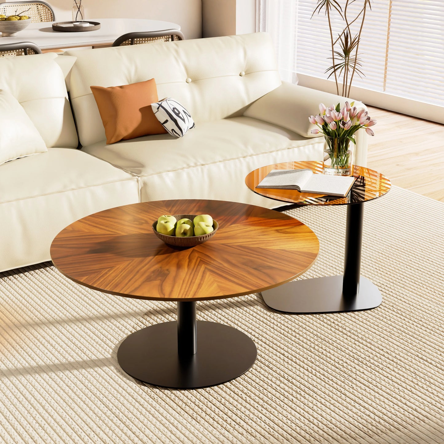 Modern Coffee Table Set, Round Nesting Table, Beech Wood, Sintered Stone and Glass, Set of 2 for Living Room Offoce