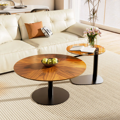 Modern Coffee Table Set, Round Nesting Table, Beech Wood, Sintered Stone and Glass, Set of 2 for Living Room Offoce