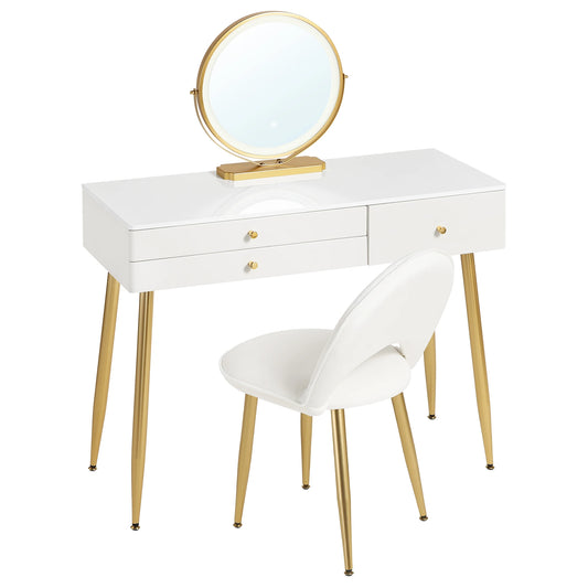 1SET Vanity Dressing Table Cosmetic Make up Table with Lighting Adjustable LED Mirror Light 3 Drawers Velvet Stool for Bedroom