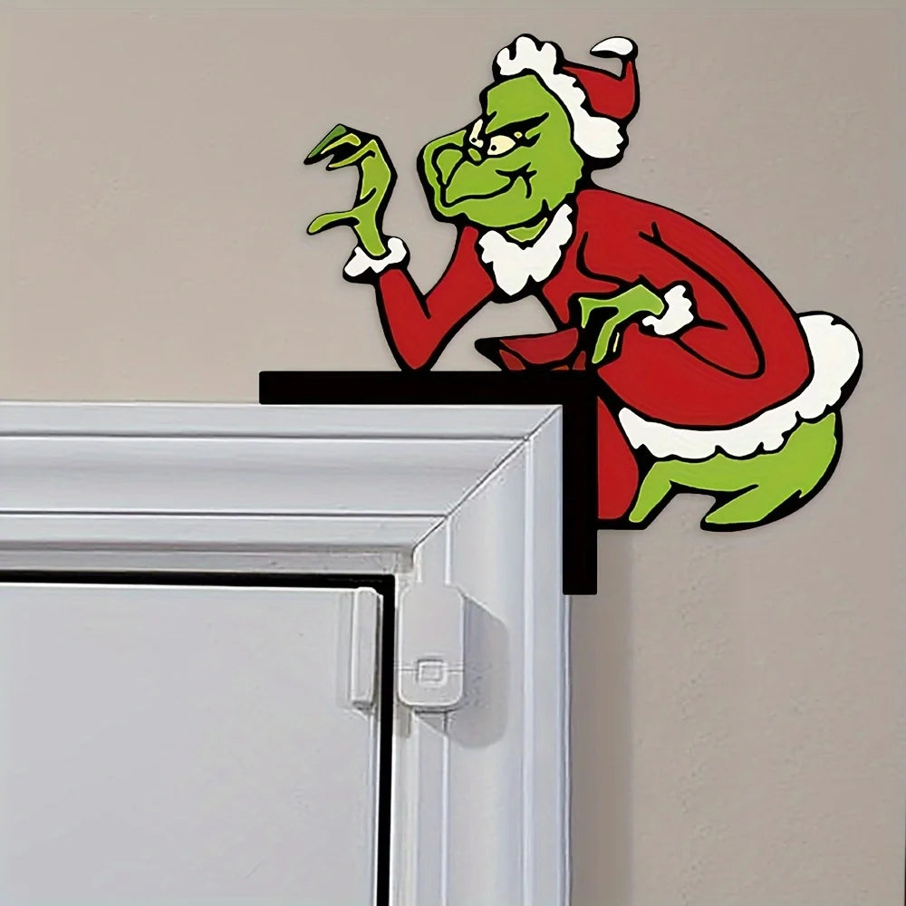 1pc Christmas Grinch Door Corner Decor, Santa - Clad Grinch Figure, Festive Home & Doorway Hanging Ornament