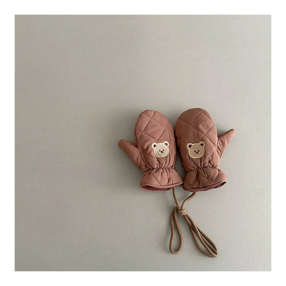 Kids Winter Gloves with Neck String - Warm Cartoon Mittens for Toddlers