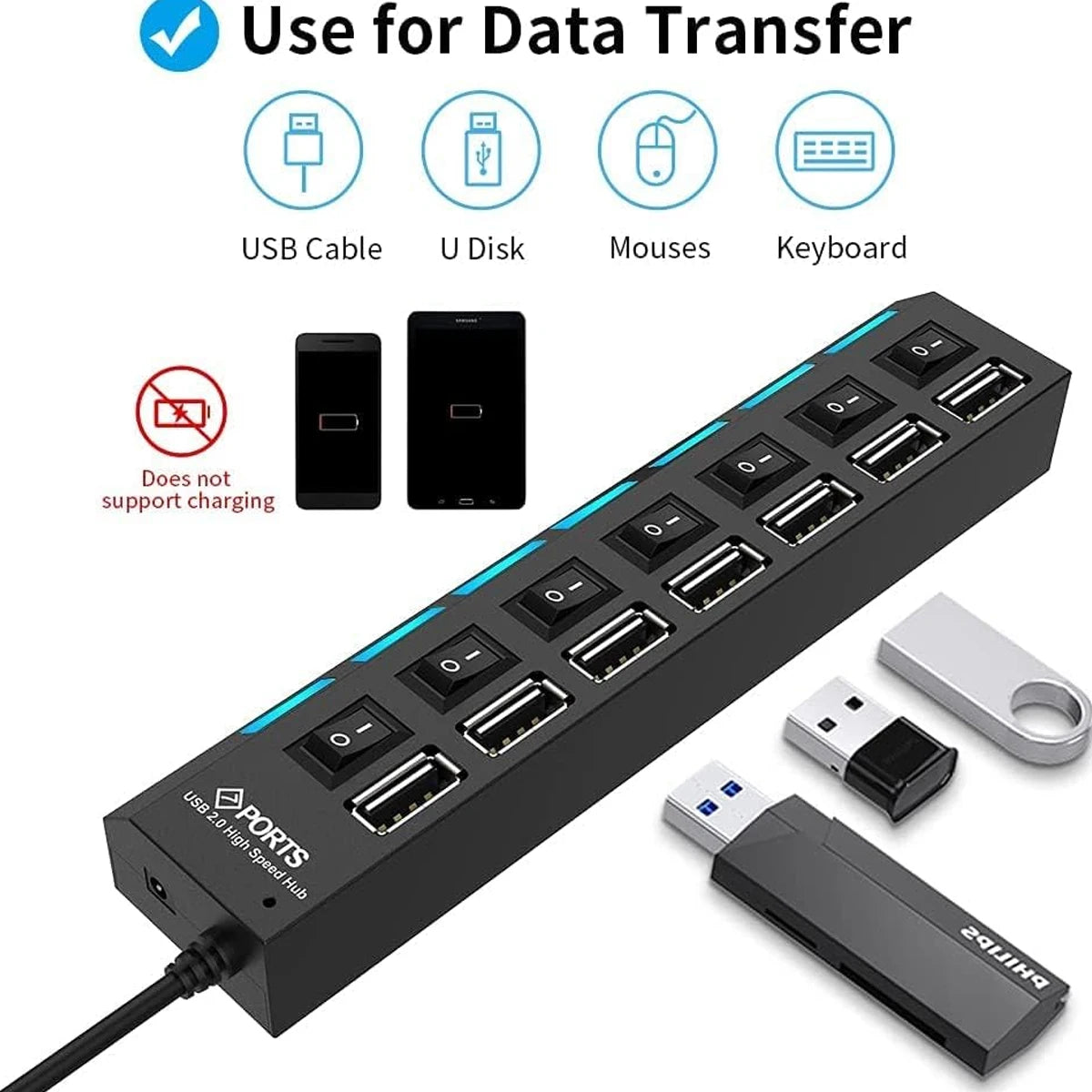 Hochgeschwindigkeits-USB-2.0-Hub mit 7 Ports, Adapter, Multi-USB-Splitter und Mehrfach-Extender mit LED-Lampenschalter für PC und Laptop