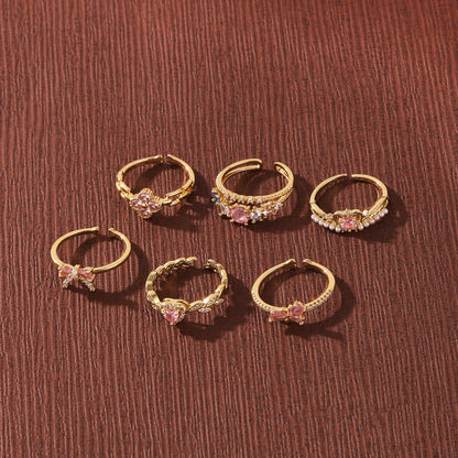 Pink Zircon Bow Heart Rings For Women Gold Plated 18K Plated Adjustable Heart Ring 2026 Trend Wedding Aesthetic Jewelry Gift