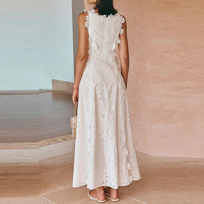 New Solid Color Lace Embroidery Evening Dress Trendy Sleeveless Women White Dress Elegant Hollow Out Floral Bandage Party Dress