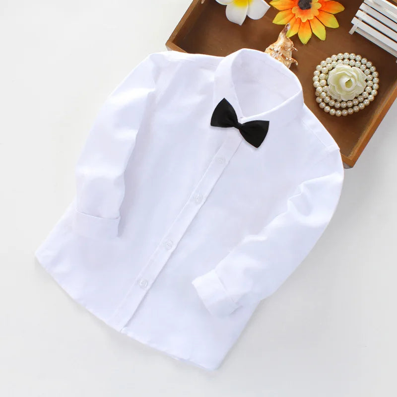 Boys White Black Long Sleeve Formal Shirt - Kids School Uniform Party Performance Blouse | Ages 1-12+