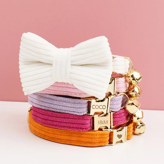 Personalized Corduroy Cat Collar with Engraved Name Plate, Bell & Bow Tie - Custom Breakaway Safety Collar