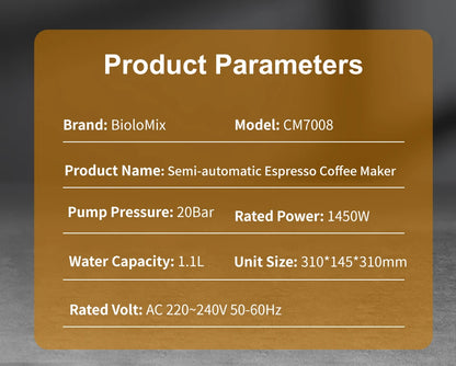 BioloMix 20 Bar Semi Automatic Powder Coffee Machine,with Milk Steam Frother Wand, for Espresso, Cappuccino, Latte and Mocha