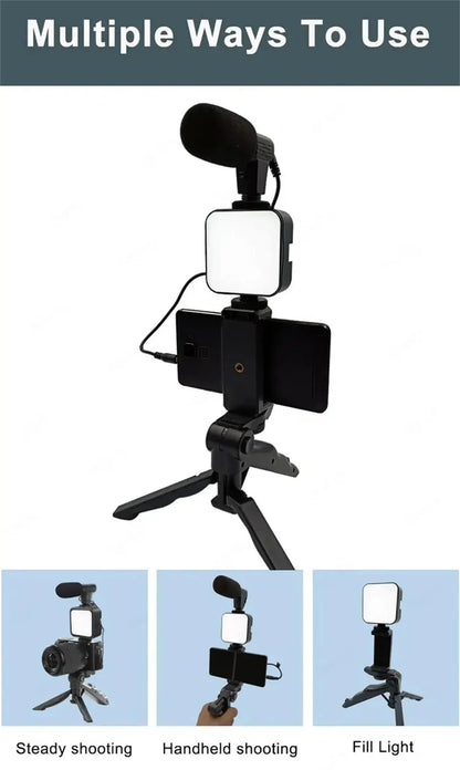 Phone Vlogging Starter Kit: Tripod, Holder, Mini Microphone, LED Light for TikTok Live & YouTube