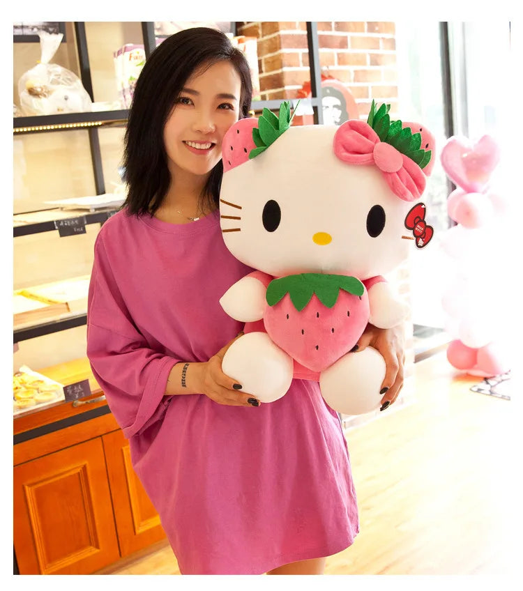 Kawaii Sanrio Hello Kitty Plush Stuffed Toy Strawberry KT Cat Pillow Doll Children's Birthday Gift Home Decoration Animal Doll
