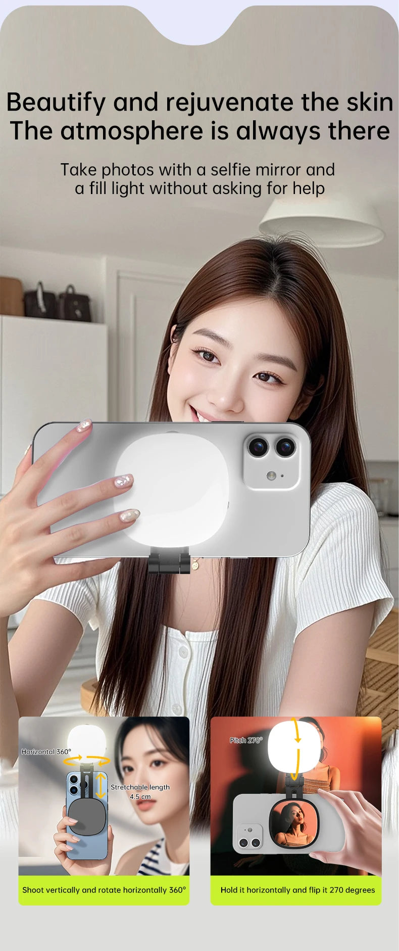 Magnetic Multi-functional Mobile phone Selfie mirror Mini Fill light dual-colour adjustable reversible fill light bracket