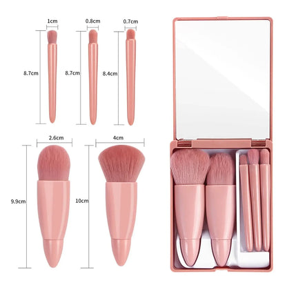 5pcs Mini Makeup Brush Set with Mirror - Multifunctional Travel Cosmetic Brushes, Unscented, Palm Brush Design Makeup Tools