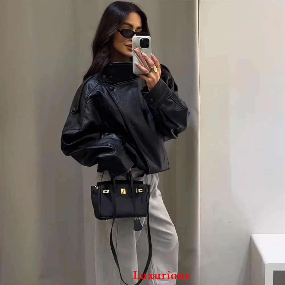 KONDALA Casual Chic Black Leather Jackets Women Long Sleeve Buttons Elastic Oversized Coats Fashion 2026 Spring Streetwear Coats