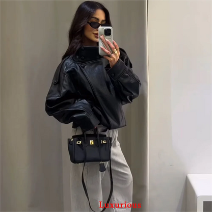 KONDALA Casual Chic Black Leather Jackets Women Long Sleeve Buttons Elastic Oversized Coats Fashion 2026 Spring Streetwear Coats