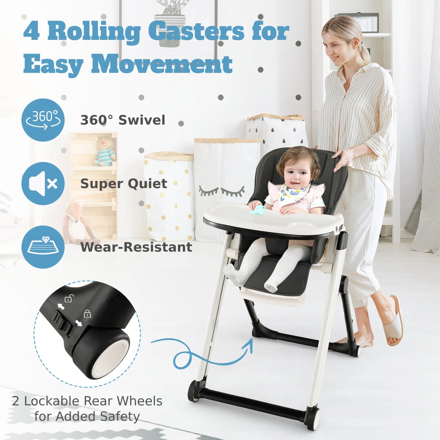 GOFLAME Foldable Baby High Chair Feeding Chair With Recline Backrest Detachable Trays