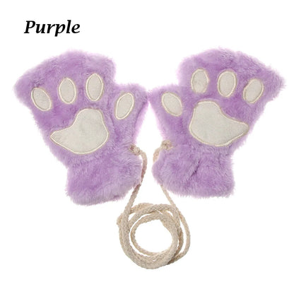1Pair Winter Fluffy Cat Paw Children Gloves Cute Fingerless Warm Plush Mittens Fashion Warm Lovely Gloves for Girls 9 Colors