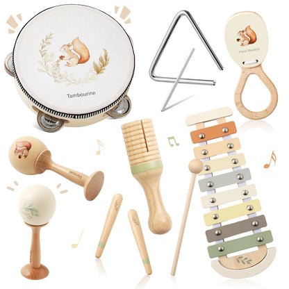 Music Toys Baby Wooden Montessori Toys Children Music Instrument Squirrel Maracas Drum Xylophone Early Education Sensor Toys Set