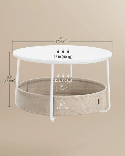 VASAGLE Coffee Table with Storage, Round Center Table for Living Room with Fabric Basket, Modern Style