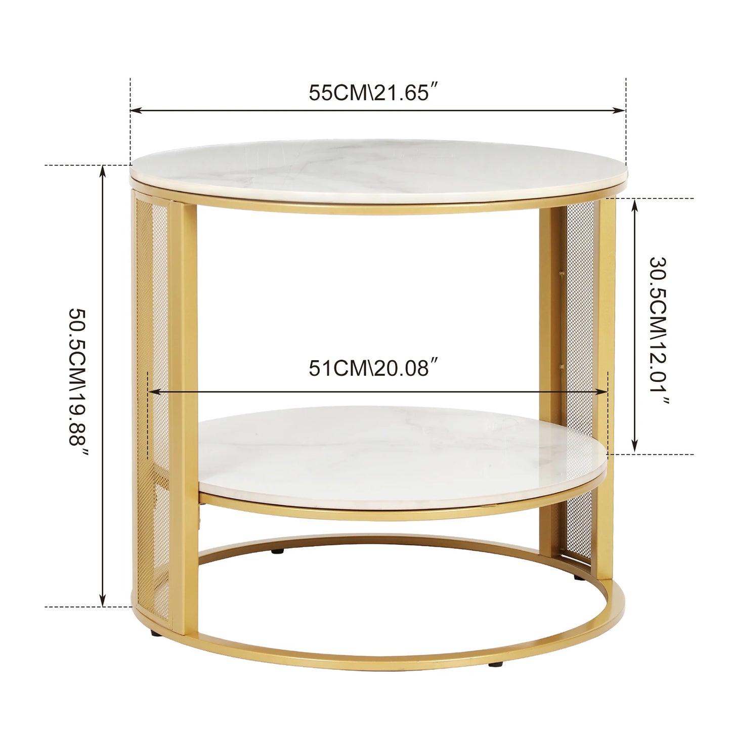 Marble Effect Coffee Table, Large Sofa Side End Table, Golden Metal Frame, 2 Tier, Home Living Room Furniture