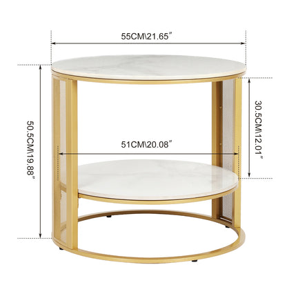 Marble Effect Coffee Table, Large Sofa Side End Table, Golden Metal Frame, 2 Tier, Home Living Room Furniture