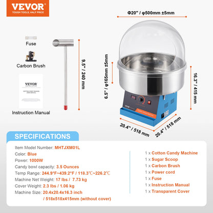VEVOR Electric Cotton Candy Machine 1000W Candy Floss Maker Commercial Cotton Candy Machine Stainless Steel Bowl and Sugar Scoop
