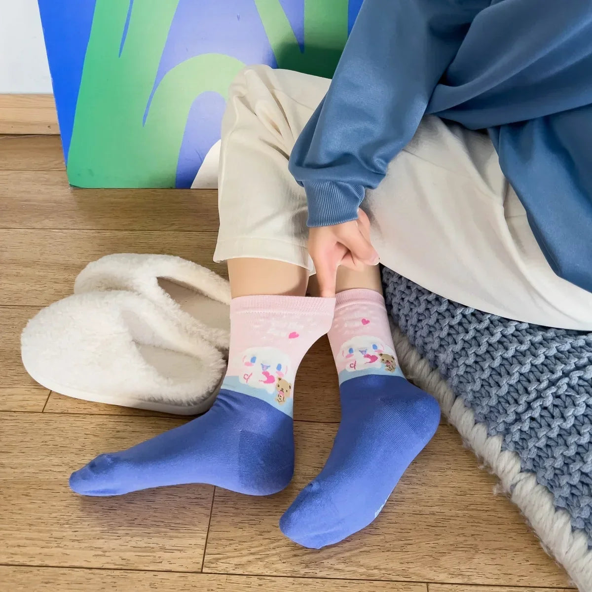 1pair Miniso Cinnamoroll Cartoon socks girl's blue combed cotton mid-tube stockings cute sanrio puppy stockings