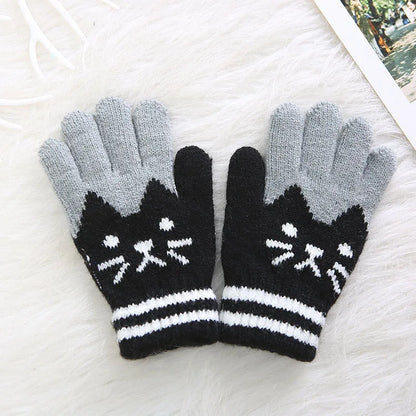 Cute Cartoon Kids Knitted Gloves Thick Fleece Children Five Finger Mittens 4-10Year Boys Girls Winter Hand Warmer Fashion Gloves