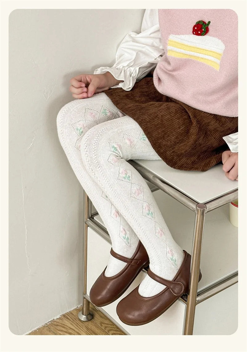 1-12Years Kids Autumn Elastic Tights Jacquard Soft Teenager Leggings Girls Knit Cotton Pantyhose Sweet Cute Baby Bottom Clothes