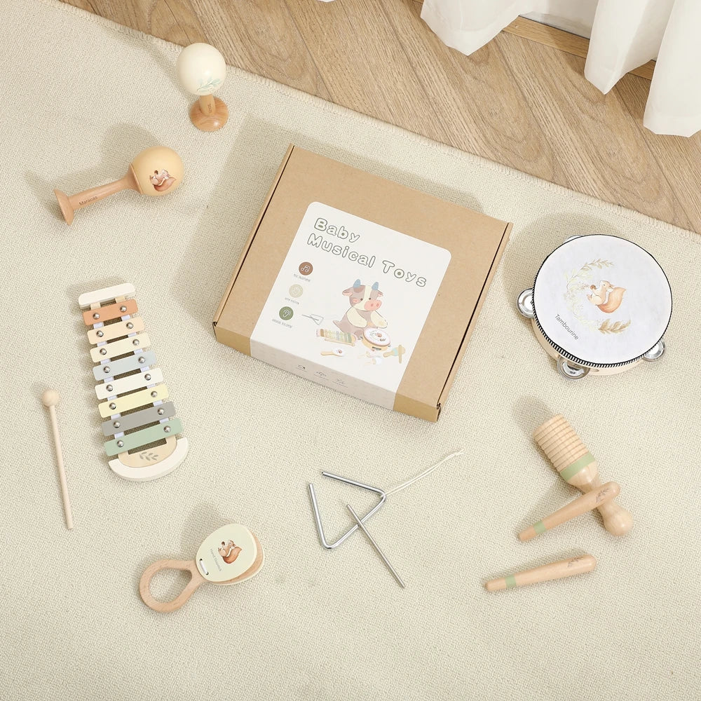 Music Toys Baby Wooden Montessori Toys Children Music Instrument Squirrel Maracas Drum Xylophone Early Education Sensor Toys Set