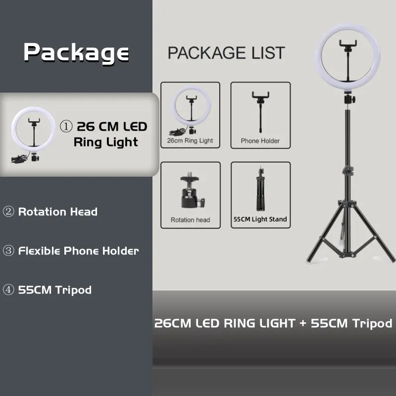 10" LED Selfie Ring Stuido Light Home Lighting Dimmable Round Lamp Tripod Trepied Makeup Selfie Ring Lamp Phone LIGHT FOR VIDEO