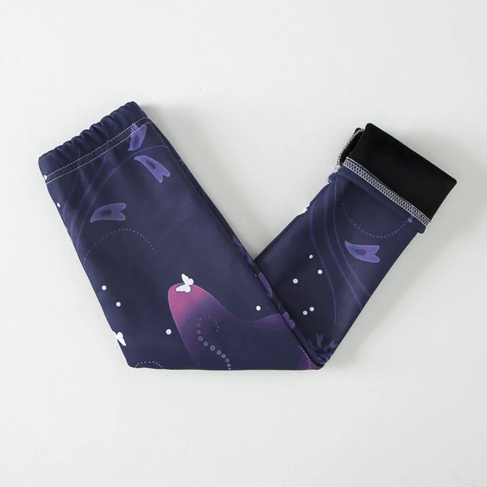 Girls Winter Leggings - Warm Plush Thickened Butterfly Print Pants for Kids