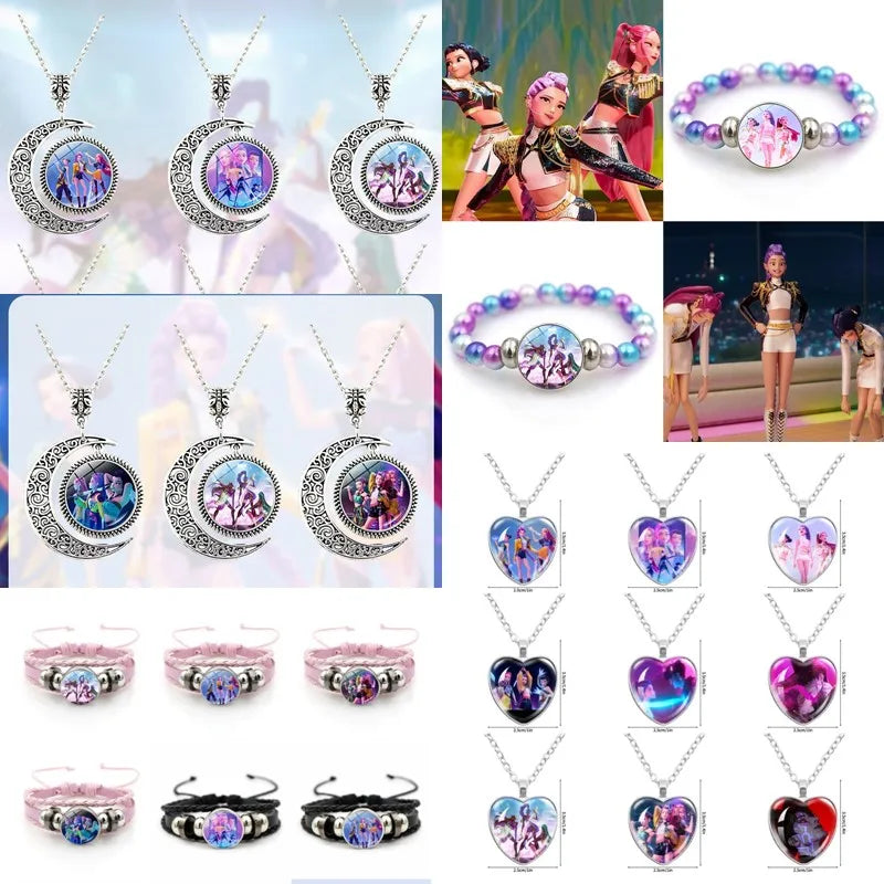 Kpop Demon Hunter Hanging Keychains Heart Necklace Bracelet Set Kpop Huntrix Character Pendant Accessories Fans Party Favor Gift