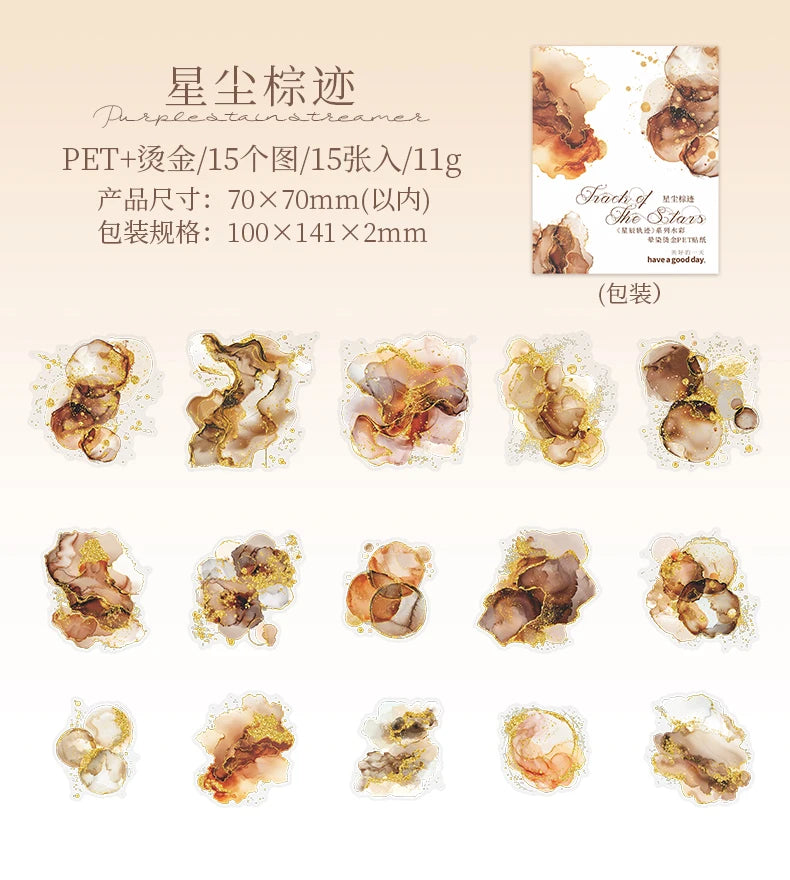 15 Pcs Creative Watercolor smudging hot stamping Stickers hand tent DIY Stick Labels Scrapbooking Material Junk Journal Supplies