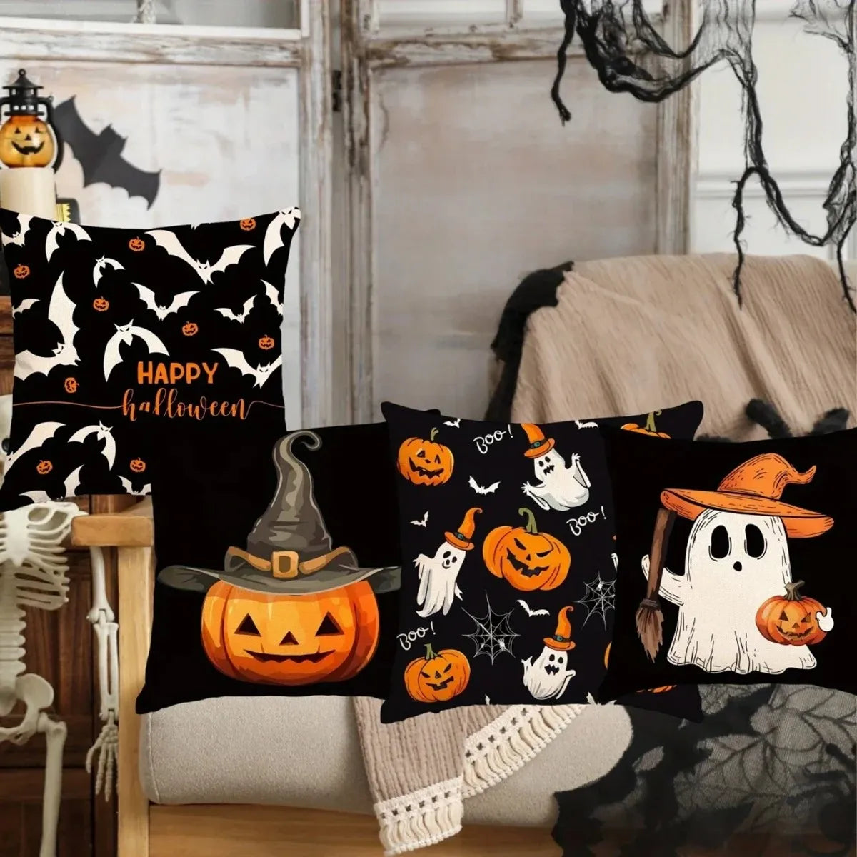 Halloween themed cushion cover set of 4 Pumpkin skull and ghost pattern 45*45cm