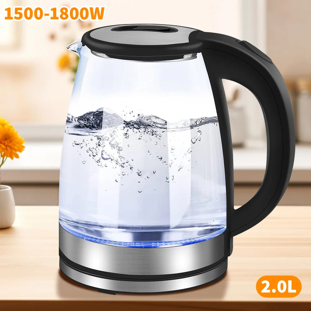 2L 1800W Electric Kettle Glass Fast Boil  Blue LED household appliance With Stainless Steel Fast Boiling Portable Jug Security