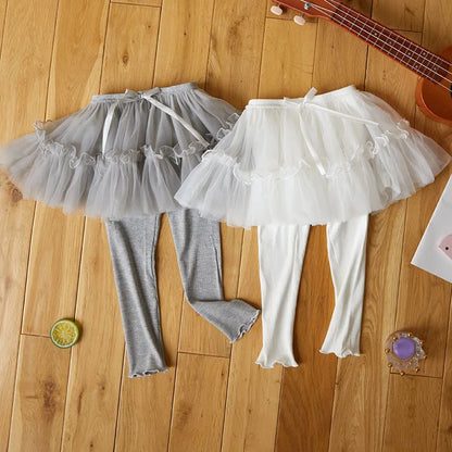Kids Autumn Leggings Children Cute Thin Style Yarn Skirt Kids Solid Color Bow Skinny Pants