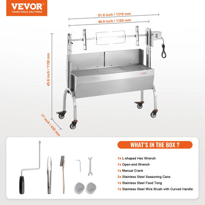 VEVOR 46inch Rotisserie Grill with Windscreen Charcoal Spit Grill 132 Lbs Capacity Stainless Steel Roaster with Lockable Wheels