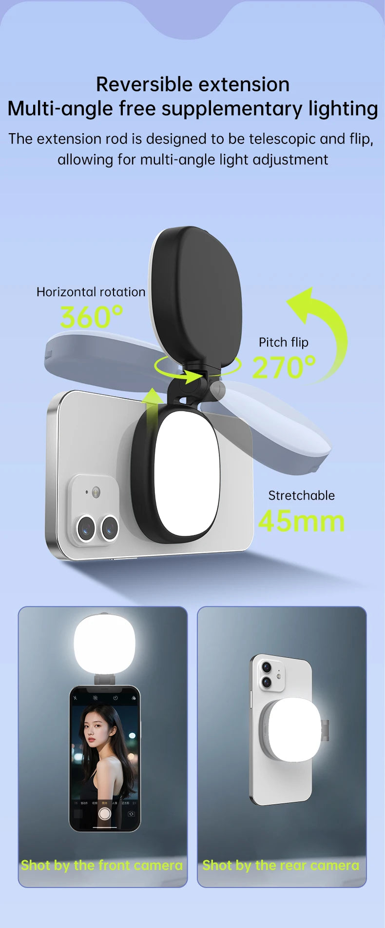 Magnetic Multi-functional Mobile phone Selfie mirror Mini Fill light dual-colour adjustable reversible fill light bracket