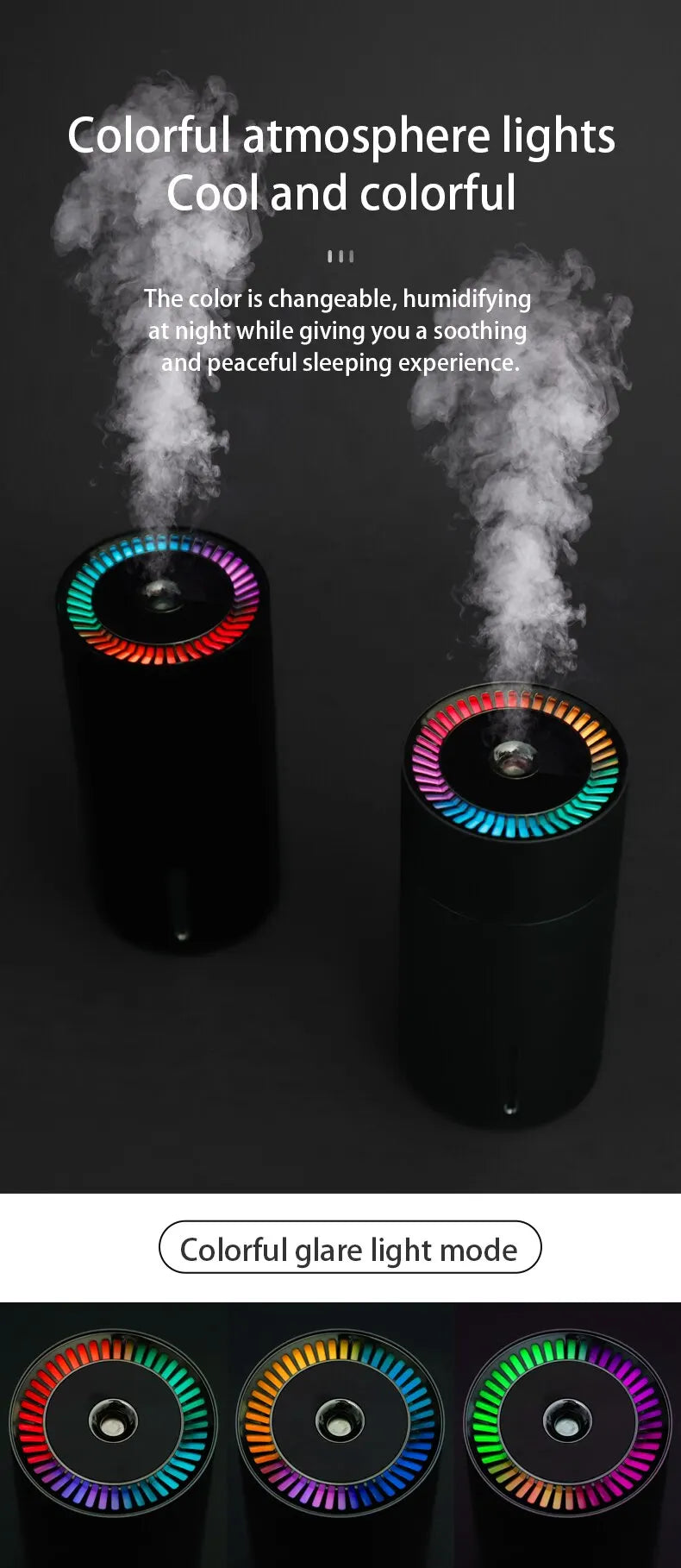 LED Light Aromatherapy Machine Humidifier Diffuser for Car Small Air Humidification Home and Bedroom Big Spray 260ml