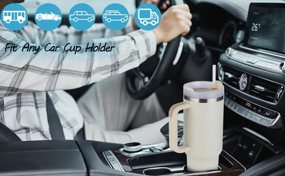 Isolierbecher mit Griff, 1200 ml, aus Metall und Edelstahl, Vakuum-Tragbecher mit Strohhalm, großer Thermobecher für heißen und kalten Kaffee