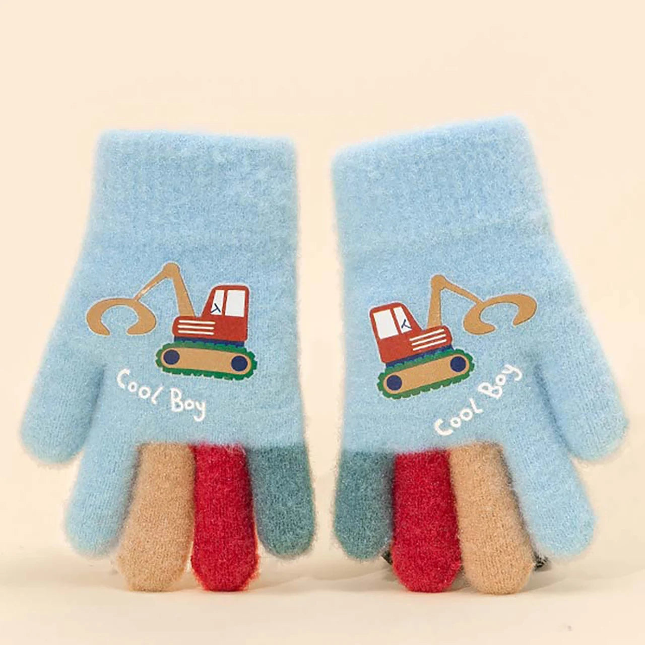 Kids Winter Gloves - Cute Excavator Cartoon Knitted Mittens for Boys & Girls (Ages 7-13)