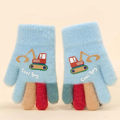 Kids Winter Gloves - Cute Excavator Cartoon Knitted Mittens for Boys & Girls (Ages 7-13)