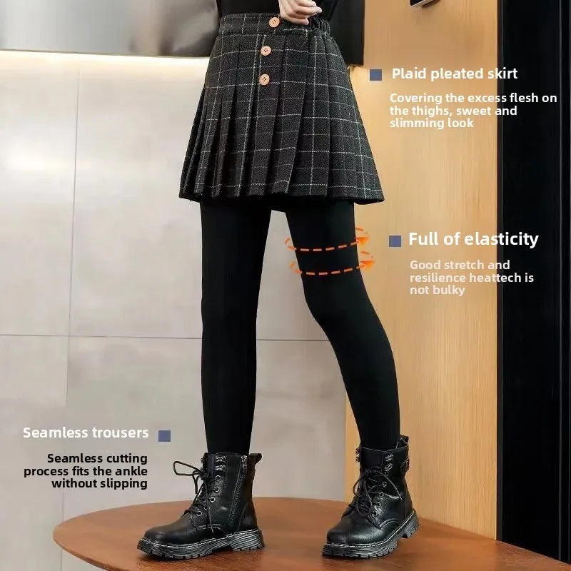 Girls Fleece Skort - Thickened Winter Leggings with Poodle Skirt | Warm Autumn & Winter Bottoms