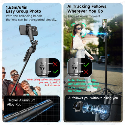 C17 Selfie Stick Tripod for Phone AI 360 Rotation Face Tracking Gimbal Stand Smartphone Camera Monopod Holder 1630mm Quadruped