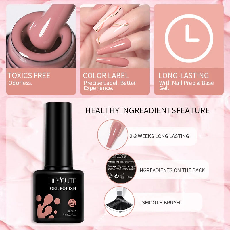 LILYCUTE 6-teiliges Set 7 ml Gel-Nagellack zum Selbermachen, leuchtend pink, semi-permanent, UV-/LED-beständig, Nageldesign-Set